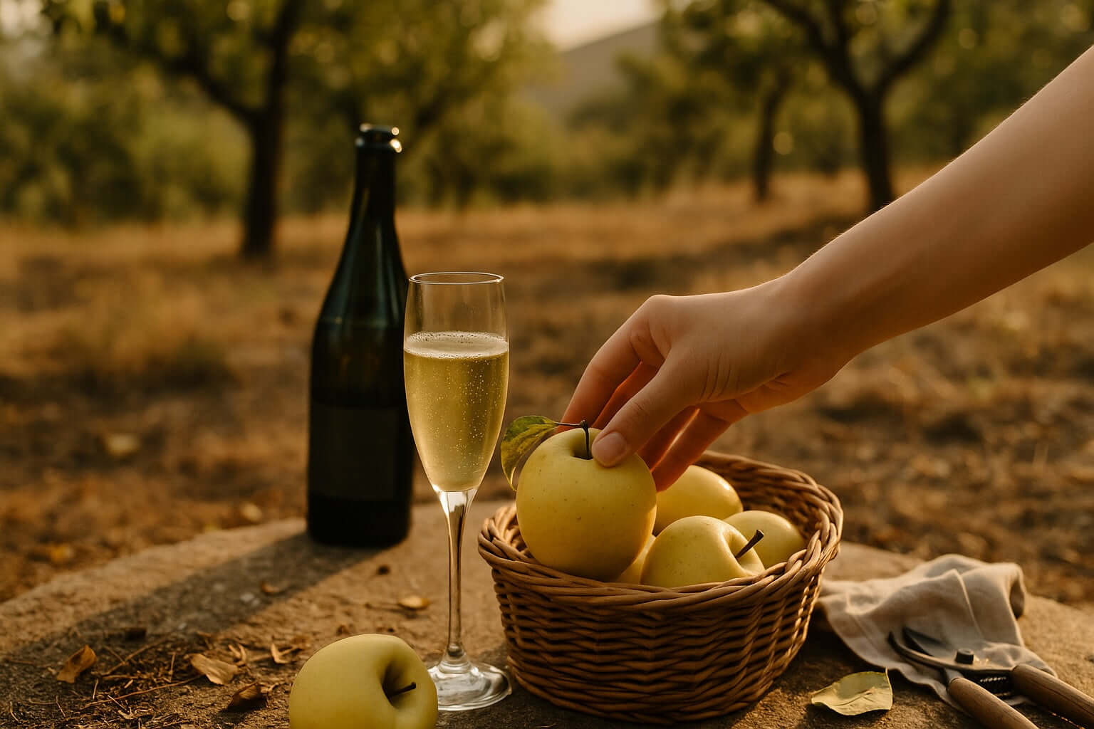 Mão a colocar maçã Golden acabada de colher num cesto de verga, num pomar inclinado de verão em Portugal, com garrafa de sidra desfocada ao fundo.